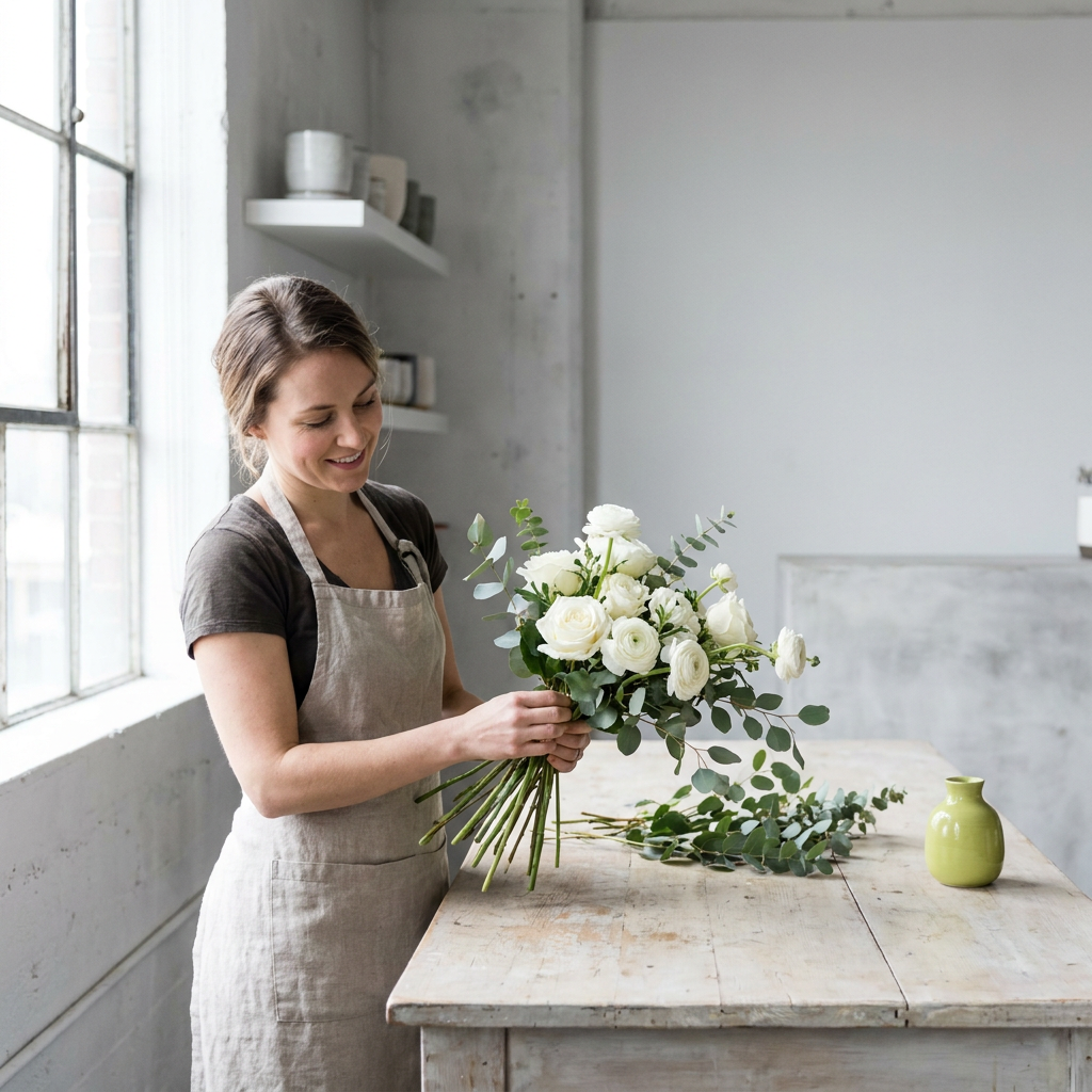 A florist at work in her flower shop